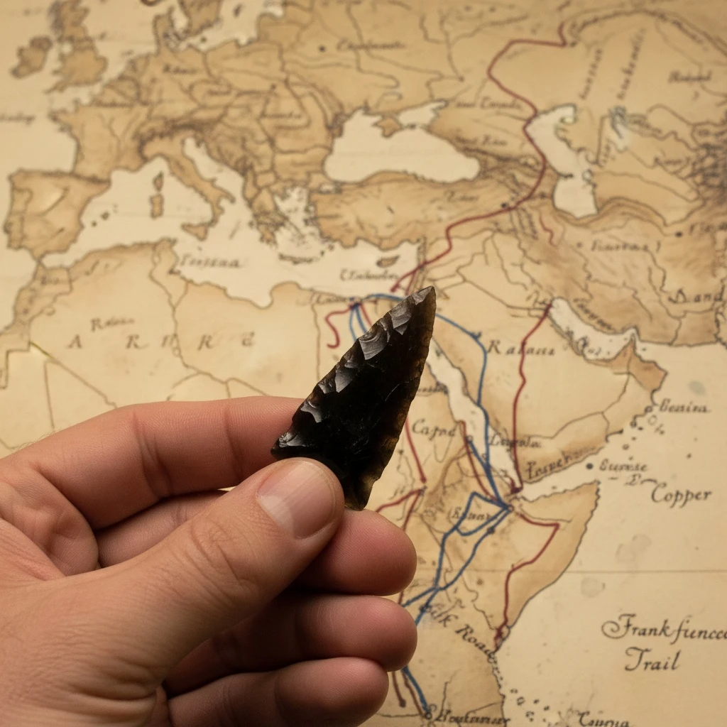 Технология, изменившая мир. Обсидиановый наконечник, способный пробить шкуру любого животного, был самым ценным активом каменного века. Его движение по торговым путям (на карте) заложило основу мировой экономики.