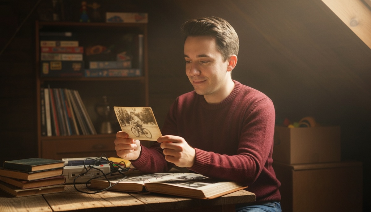 Мужчина ностальгирует смотря на старое фото