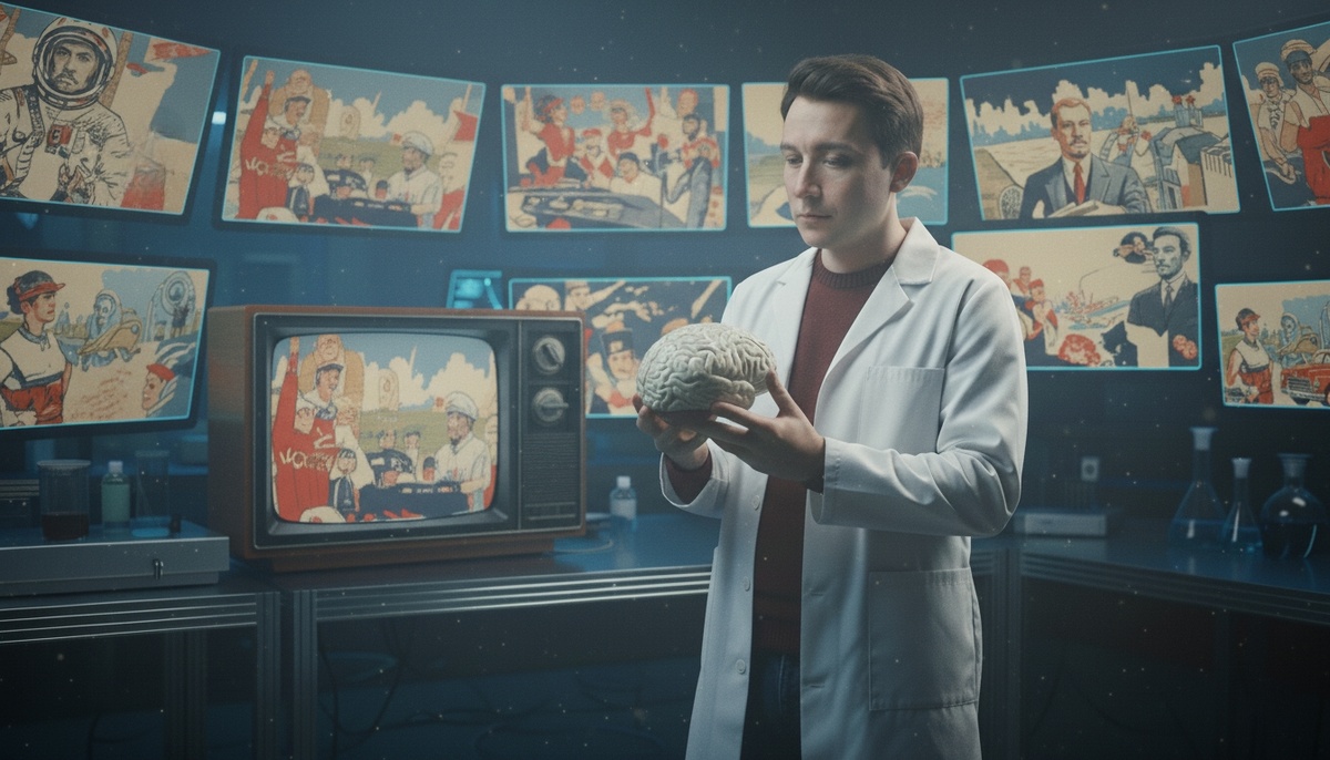 Мужик в белом халате держит в руках модель человеческого мозга