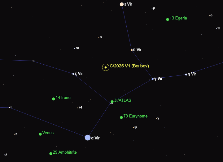 Звёздная карта, показывающая положение объекта C/2025 V1 (Борисова) в созвездии Девы на 7 ноября 2025 года. Угол обзора: 50x30 градусов. Источник: SkyLive.
