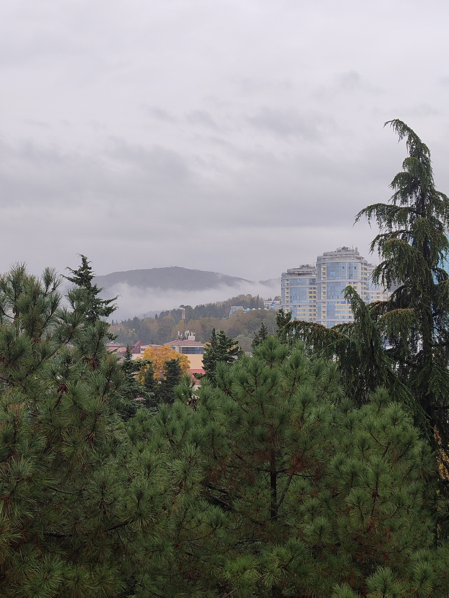 Вид из нашего номера на Адлер и ЖК "Морская симфония" в пасмурную погоду. Тучи висят прямо над домами.