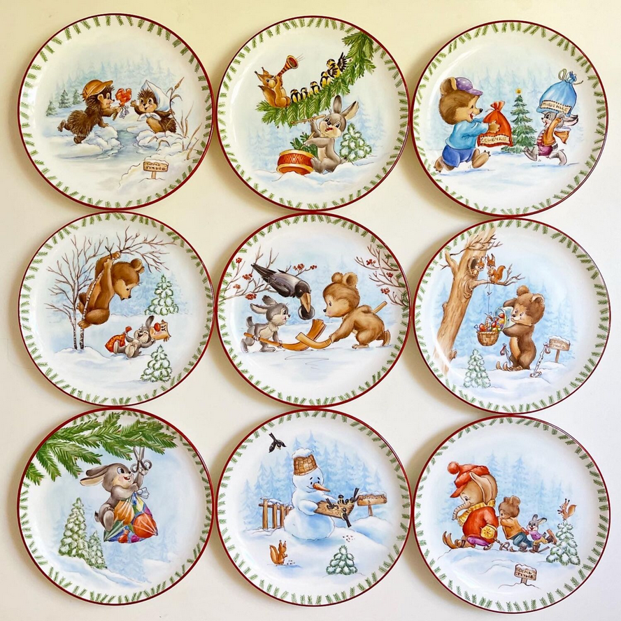 Девять тарелок, диаметр 20 см, фарфор