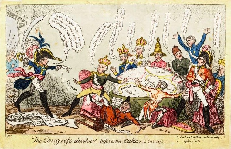 Карикатура на Венский конгресс, где участники не могут поделить пирог