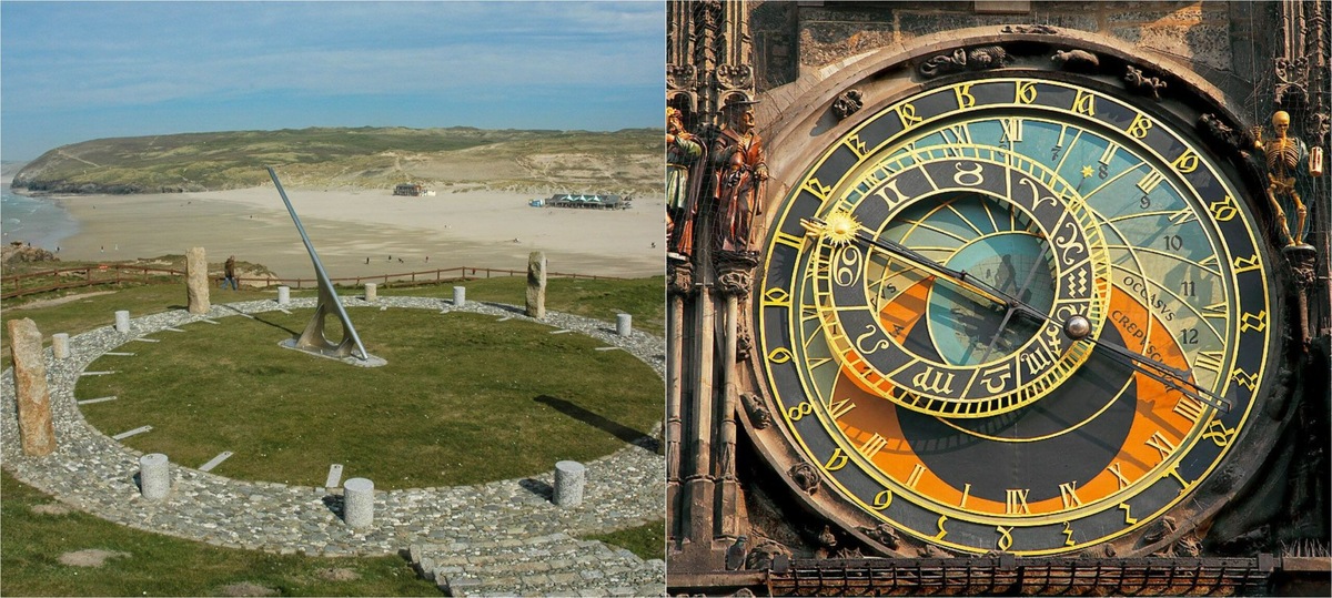    Египетские солнечные часы гномон и средневековые пражские астрономические часы. Источник изображения: stranatur.ru, ru.pinterest.com