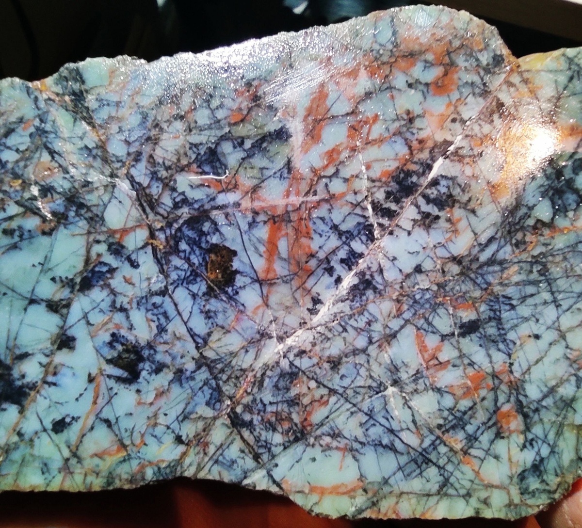 Пришлифованный спил тонкозернистого голубого кварцита с железо-марганцевыми прожилками. 
Кемеровская область, Юргинский муниципальный округ, село Томилово. 2019 г. Из коллекции Антона Сибирцева