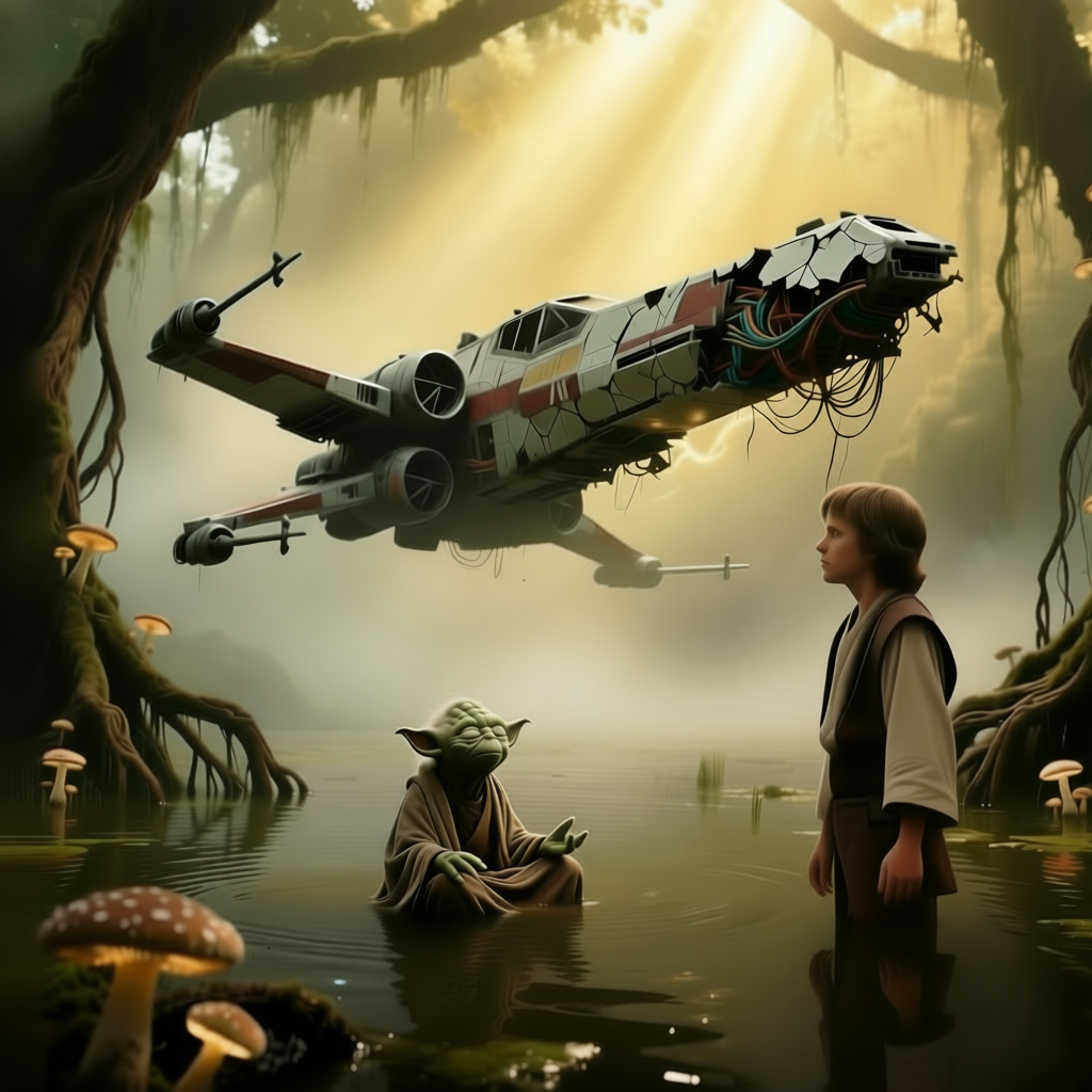 Иллюстрация: Йода поднимает X-wing из болота