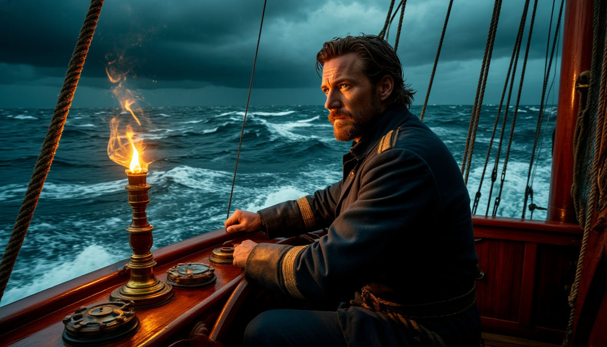 Картина 3: «Завещание капитана. 1923»
Название: «Последний свет в каюте»
Фраза: «Он знал, что корабль обречён. Но его последним действием было не спасение, а создание света для того, кто останется на берегу».