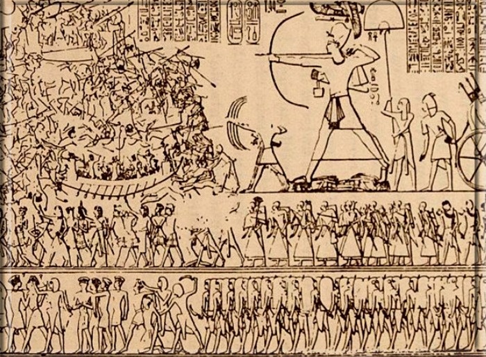 Иллюстрация того, как Рамзес III побеждает "народы моря"