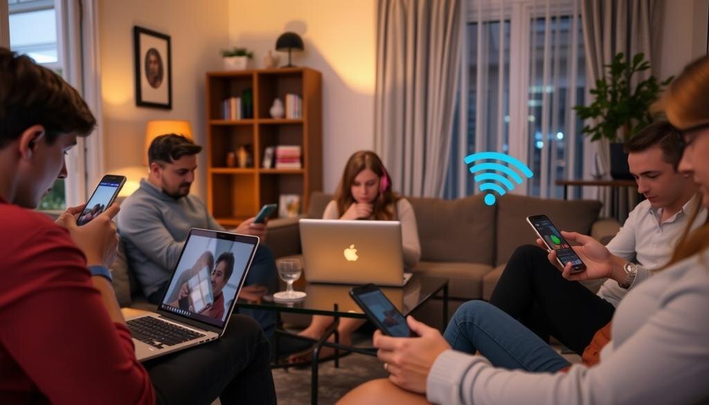    Изображение пользователей, работающих с интернетом в вечернее время.