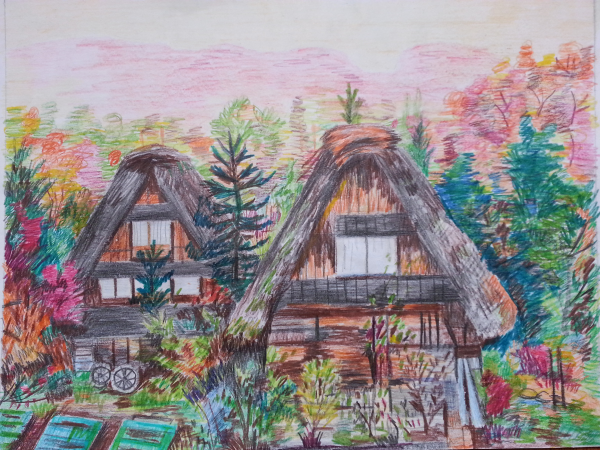 Японская деревня. Бумага, цветной карандаш