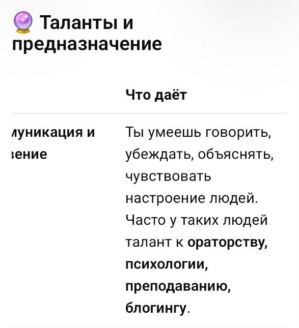 Здесь он дал список моих талантов и моего предназначения. Всё вставлять не буду