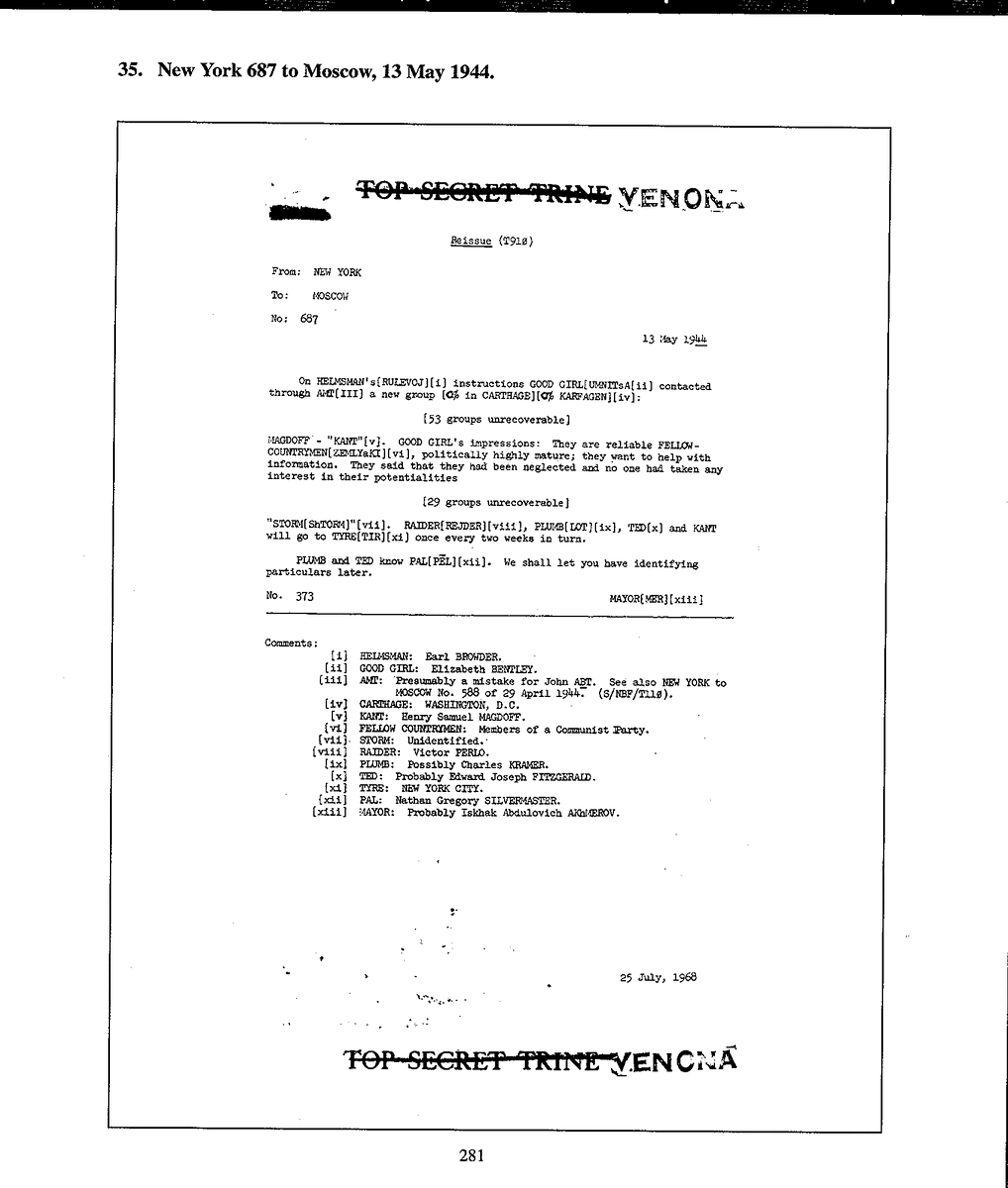 Фрагмент рассекреченной телеграммы проекта «Венона»: в 1990‑е документы подтвердили активную агентурную роль Джулиуса.