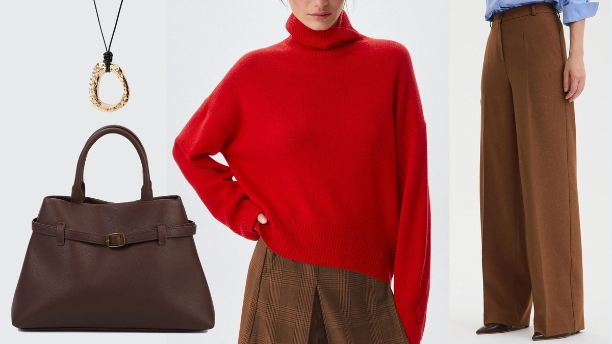 Свитер Sela, Колье Zarina, брюки Ascentelle, сумка Roberto Piraloff