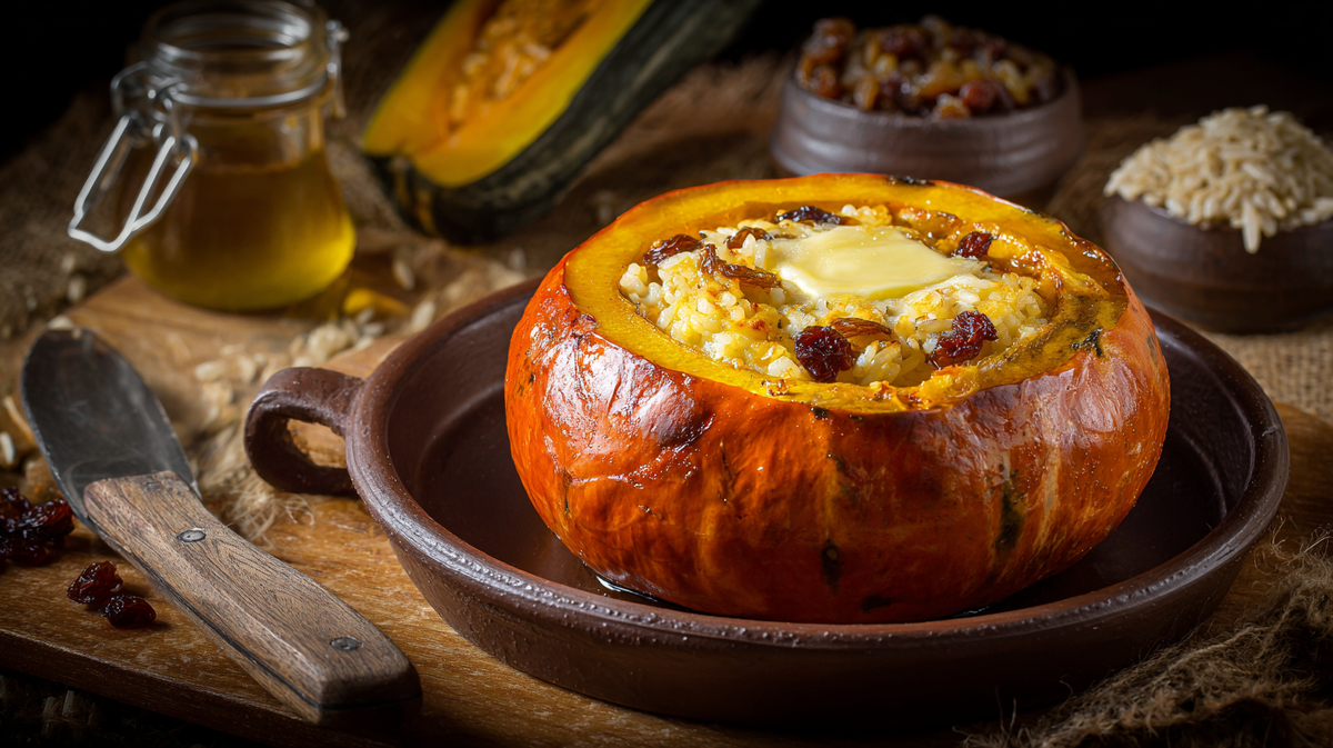 Запечённая тыква с рисом и изюмом