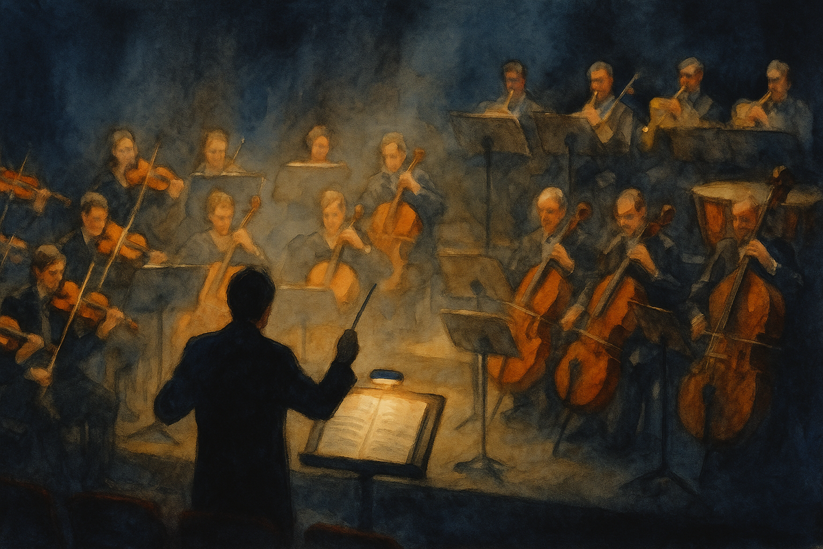 Оркестр исполняет Восьмую симфонию Шнитке.