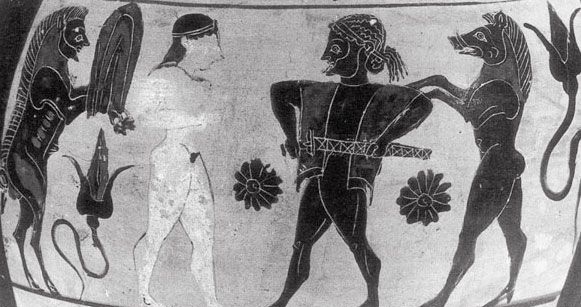 Цирцея и Одисей, вазопись около 520 г. до н.э. Ссылка на изображение: https://ancient-mythology.ru/wp-content/uploads/2022/01/t35.10kirke.jpg