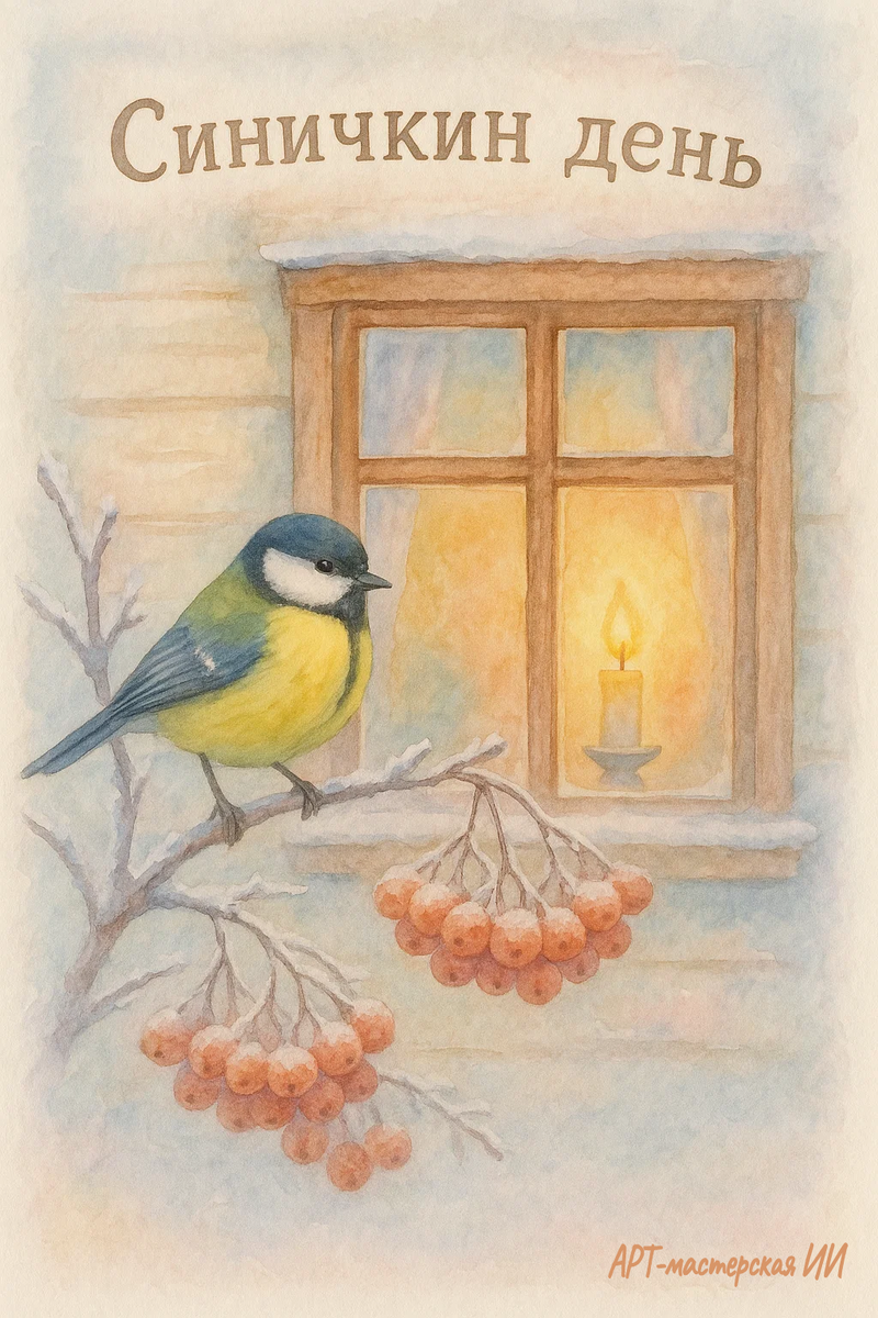 Открытка из серии «Синичкин день» создана автором Арт-мастерской ИИ при участии нейросети.