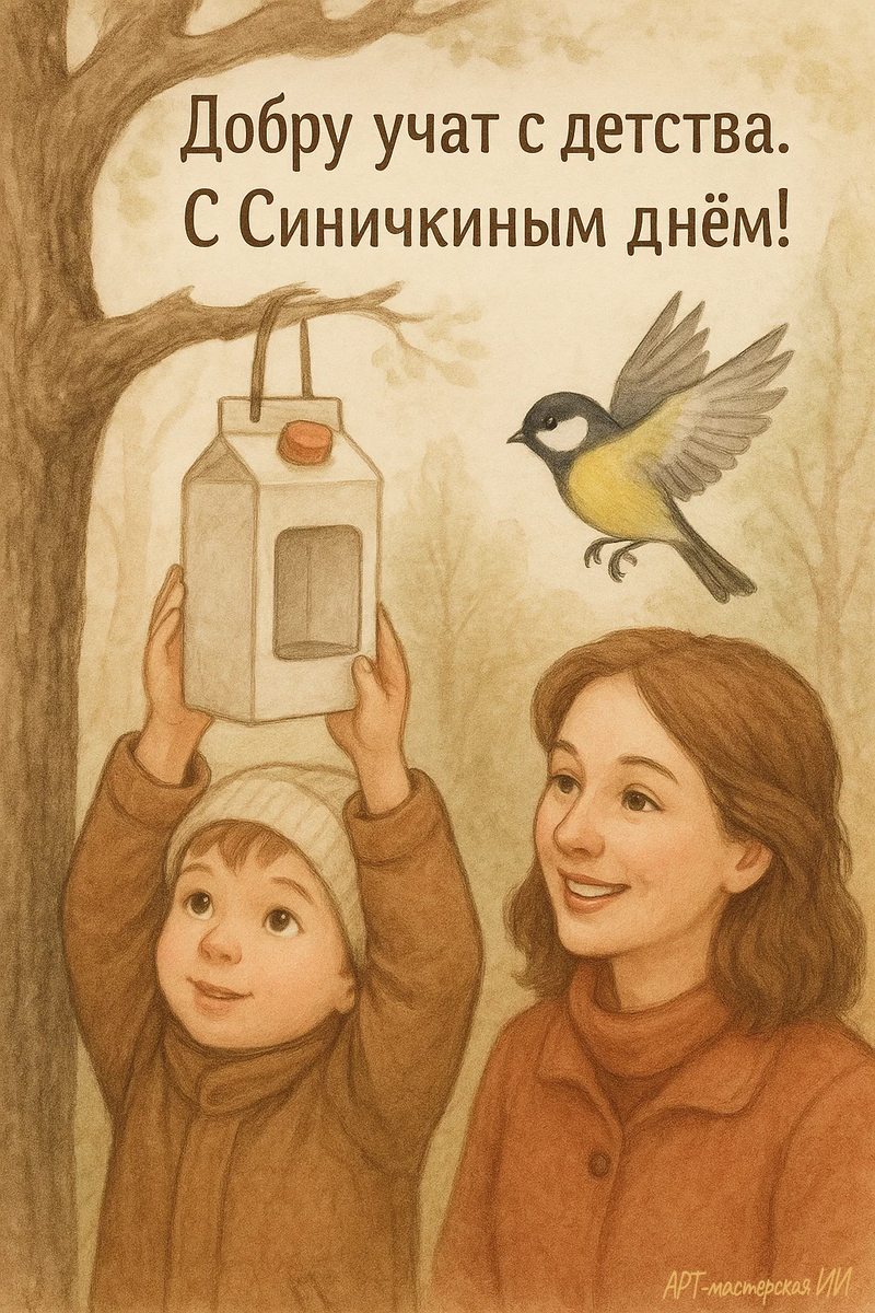 Открытка из серии «Синичкин день» создана автором Арт-мастерской ИИ при участии нейросети.