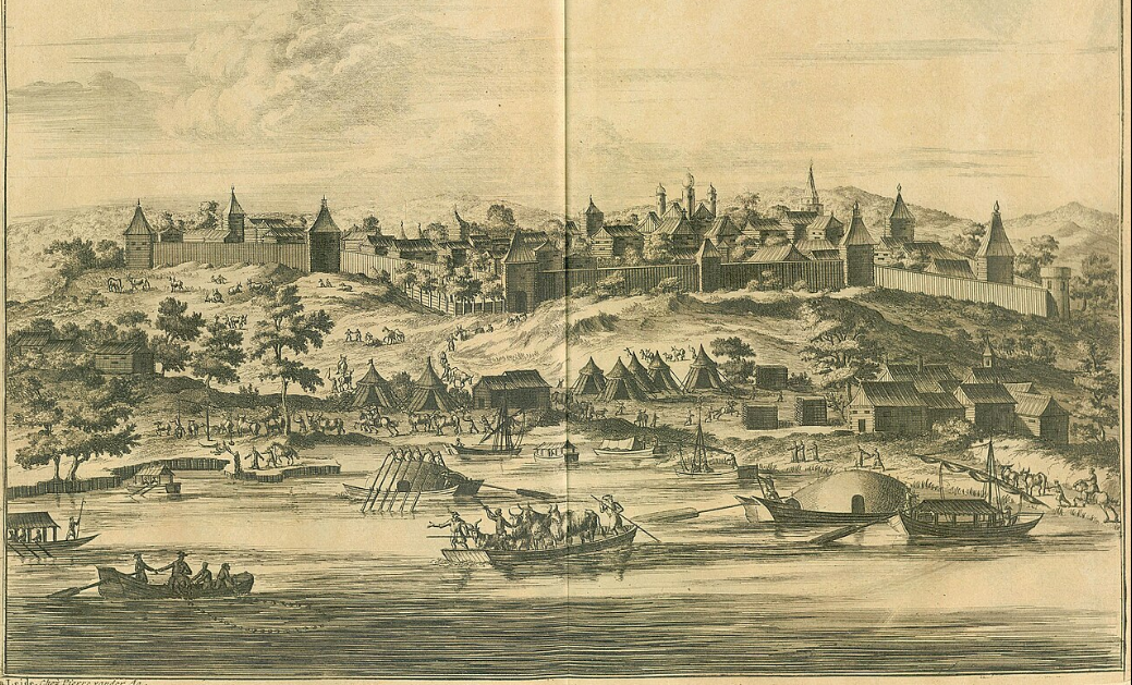 Вид Царицына с Волги. Рисунок из книги Адама Олеария «Подробное описание путешествия голштинского посольства в Московию и Персию в 1633, 1636 и 1639 годах» (издание 1719 г.)
