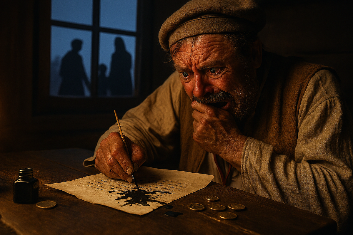 Крестьянин пишет донос на соседа за деньги, Россия XVIII век