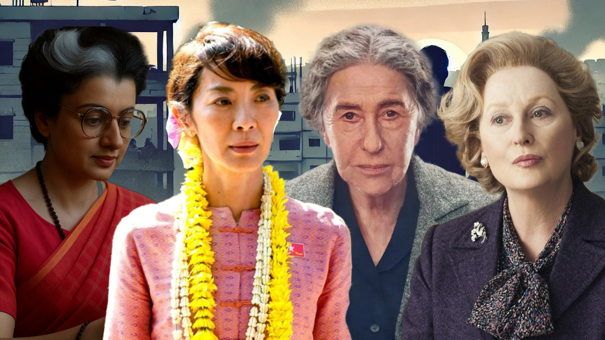 Слева направо: Кангана Ранаут в роли Индиры Ганди, Мишель Йео в роли Аун Сан Су Чжи, Хелен Миррен в роли Голды Меир, Мерил Стрип в роли Маргарет Тэтчер.