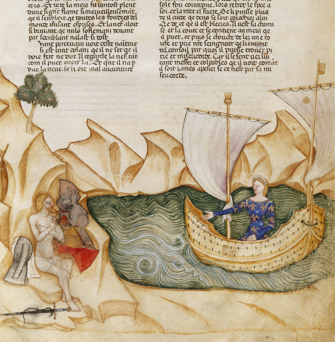 ПЕРСЕВАЛЬ ЗАБРОШЕН НА ОСТРОВЕ
В средневековом искусстве море является частым мотивом. Его воды обычно предстают в зеленом или синем цвете, причем до XV века преобладала зеленая палитра. Волны передаются посредством волнистых линий, интенсивность которых отражает степень волнения водной стихии. Для идентификации моря, в отличие от озер или рек, художники нередко использовали изображения морских чудовищ, выполнявших роль иконографических символов.
Миниатюра из Ломбардской рукописи Квеста-дель-Сен-Грааль, Милан или Павия, ок. 1380 - 1385. Париж, Национальная библиотека Франции, г-жа фр. 343, фол. 32. 