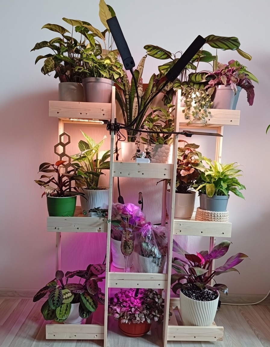 В пакетах стоят бегонии, которые хочу раскустить. Я не укореняла черенки отдельно в воде. Срезала и сразу в грунт и в пакет. Думаю, маранту на что нибудь поставить, чтобы повыше к лампе была, наверное на книги. (Одна лампа, заявлял продавец, 10 Вт, но там на много меньше мощность).