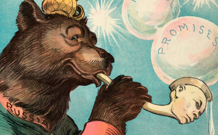 Картинка из публикации: Политическая карикатура изображает русского медведя, выдувающего мыльные пузыри с надписью «Обещания» через пеньковую трубку. Источник: Niday Picture Library