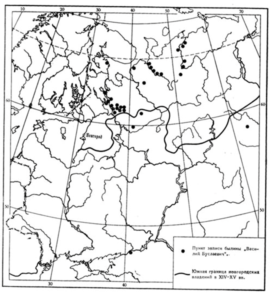 Рис.2. Карта распространения былины «Василий Буслаевич» (1, с.37).