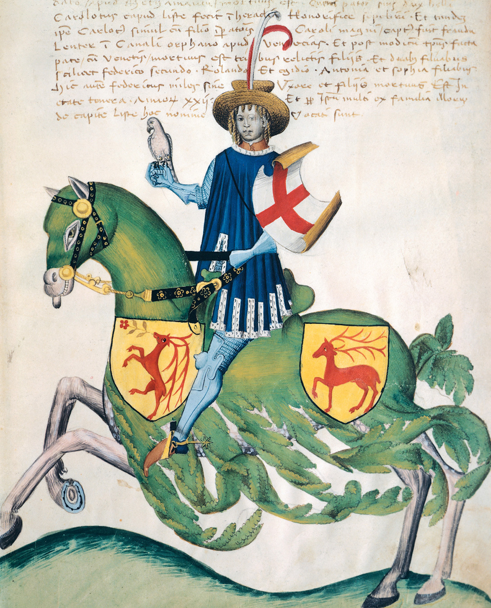 РЫЦАРСКАЯ ЭЛЕГАНТНОСТЬ В ПОЗДНЕМ СРЕДНЕВЕКОВЬЕ
Если зеленый (sinople) был редок в гербах, он, тем не менее, часто фигурировал в придворном и рыцарском декоре. Это был цвет молодости, красоты и любви. Вот почему лошади - единственные животные, кроме соколов, которые были одеты в средние века - часто носили зеленые четвертины в парадах, шутах и церемониях.
Миниатюра из Кодекса Каподилиста, Базель, ок. 1435 - 1440. Падуя, Biblioteca Civica.