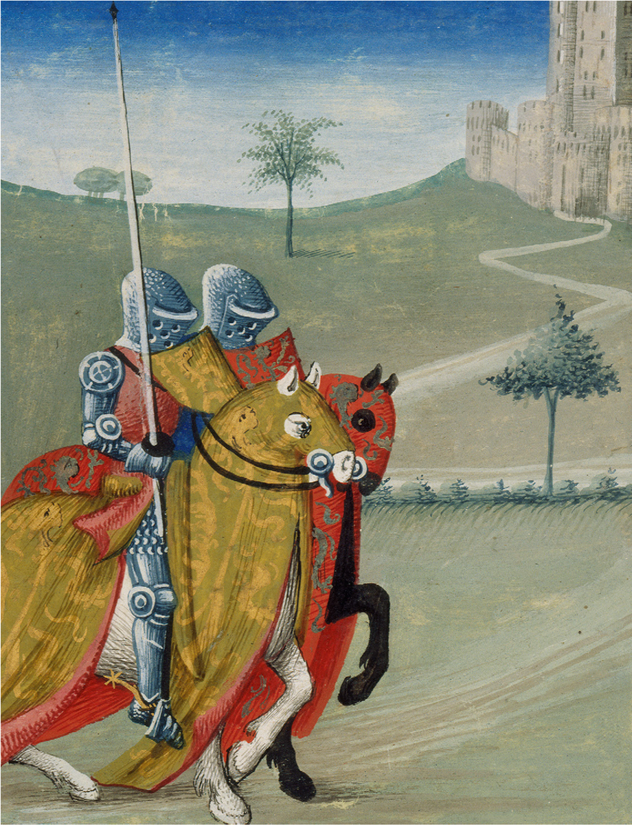 ГЕРБ ТРИСТАНА
Тристан, один из самых популярных героев средневековой литературы, был тесно связан с символикой зелёного цвета. Этот цвет ассоциировался с охотой, артистизмом (жонглёрами), любовью, безумием и, конечно же, судьбой. Неслучайно его ранним гербом стал щит с изображением льва – символа христианского рыцарства – на зелёном поле (de sinople au lion).
Миниатюра из рукописи «Прозы Тристана», освещённая Эвраром д'Эспинкесом для Жака д'Арманьяка, 1463. Париж, Национальная библиотека Франции, г-жа фр. 99, фол.