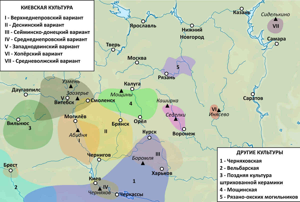 Предки словен и кривичей оставили, как считают археологи, группу памятников Заозерье-Узмень III-V веков (обозначена цифрой V). Эта группа не контактировала с готами (Вельбарская и Черняховская культуры), поэтому её носители сохранили архаические черты праславянского языка.