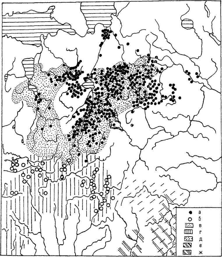 Соотношение ареала более ранней (в) культуры псковско-новгородских длинных курганов (V-VII веков) и более поздней (а) культуры сопок (VIII-XI веков). В центре массива культуры длинных курганов выделяется "пустота", свидетельствующая об отказе ранних словен от курганного обряда погребения в VI-VII веках. Карта Валентина Седова.