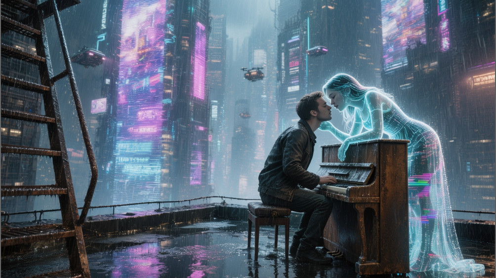  Ты — помеха в линии,
Я — последний вольт в разряднике.
Мы — дуэт из пепла и неона,Песня, что играет… даже когда магнитофон выключен. 
           Личный архив.