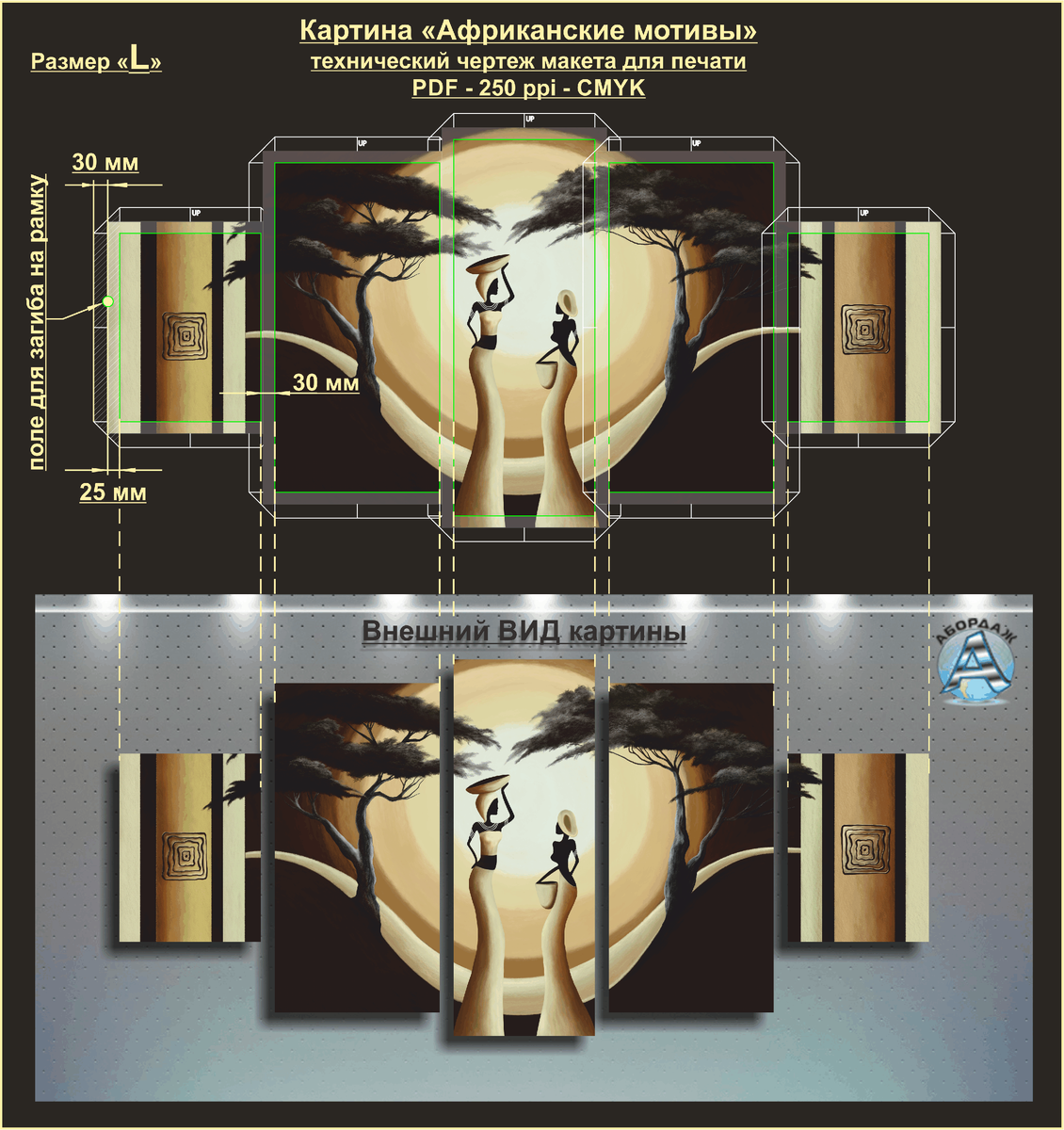 технический чертеж модульной картины с полями на загиб на подрамник
