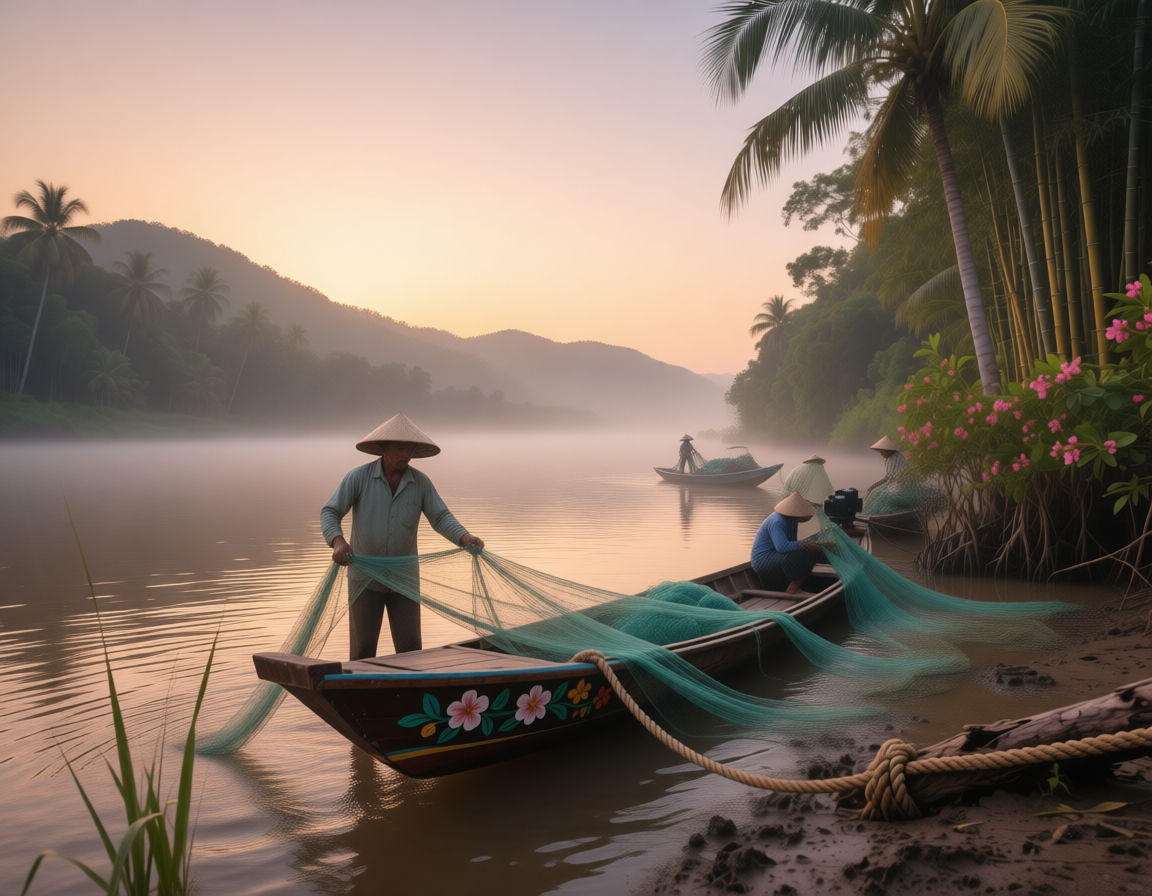  Речной пейзаж с рыбацкими лодками