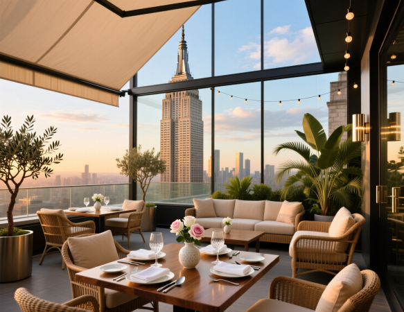 Уютная терраса ресторана с панорамными окнами. На ней — деревянные столы, плетёные стулья, сервировка и декоративные растения. Вечернее освещение, гирлянды и тёплый свет создают романтическую атмосферу. Идеальное место для ужина с видом на город