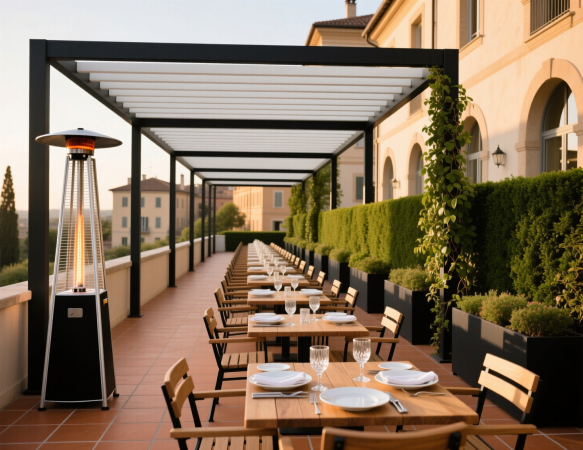 Просторная терраса ресторана с чёрной перголой. На ней — ряд деревянных столов и стульев, сервированных для приёма посетителей. Слева — газовый обогреватель, справа — живая изгородь и зелёные растения. Вид на старинные здания и закат. Идеально для ресторанов и кафе с открытой площадкой.