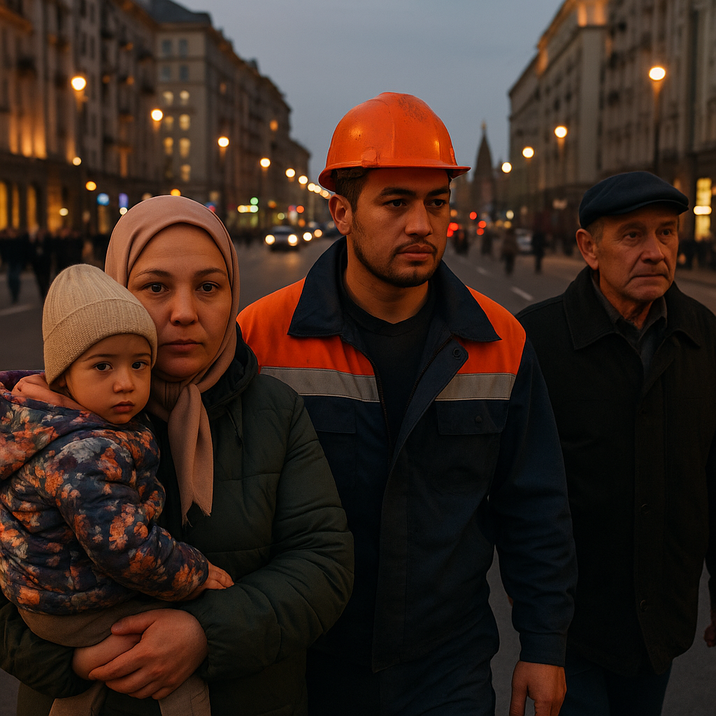 Люди разных национальностей (женщина с ребёнком, рабочий в спецовке, пожилой москвич)