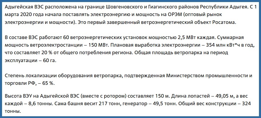 Технические характеристики Адыгейской ВЭС, опубликованные на официальном сайте Росатом.