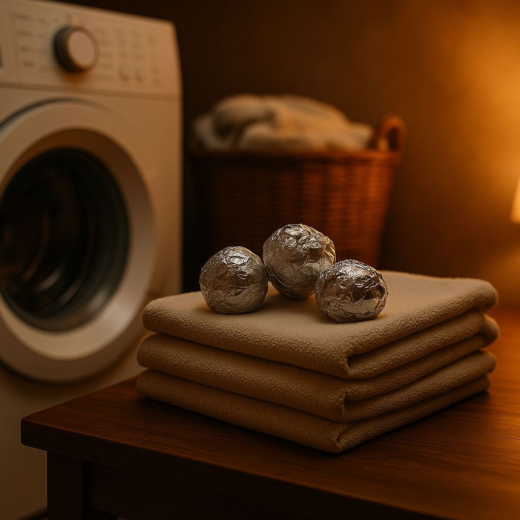 Мягкий свет, стиральная машина, свернутые шарики из фольги и стопка свежего белья.
Атмосфера чистоты и домашнего уюта — простой бытовой лайфхак, который удивит каждого.