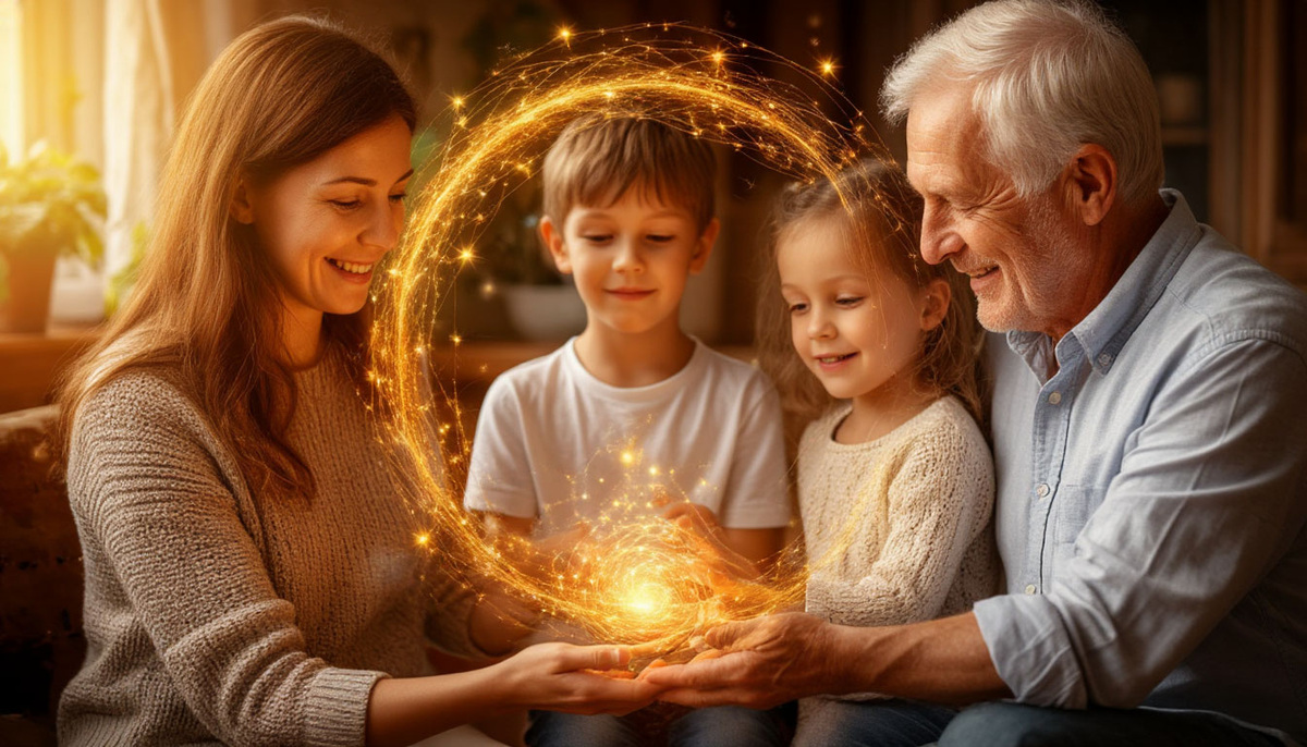 Круг жизни: забота о родителях как золотой вихрь энергии, возвращающийся сторицей. Дети, поддерживающие старшее поколение, создают энергетическую спираль, где каждое действие заботы превращается в семя будущего изобилия для всей семьи.