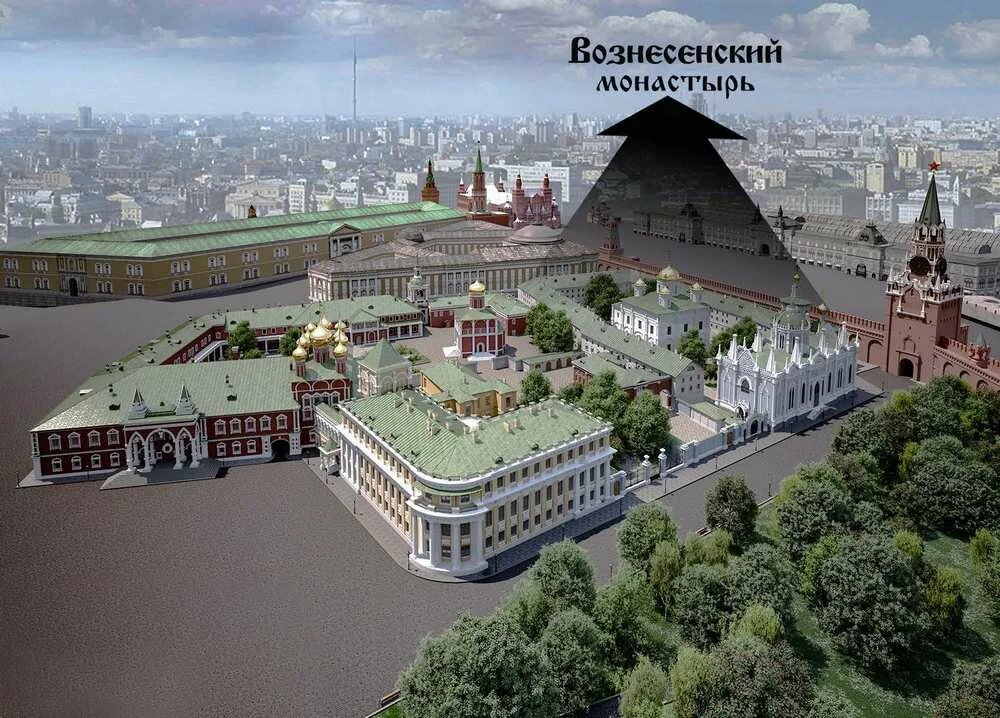 Компьютерная реконструкция на период конца XIX века. Вознесенский женский монастырь на территории Московского Кремля.