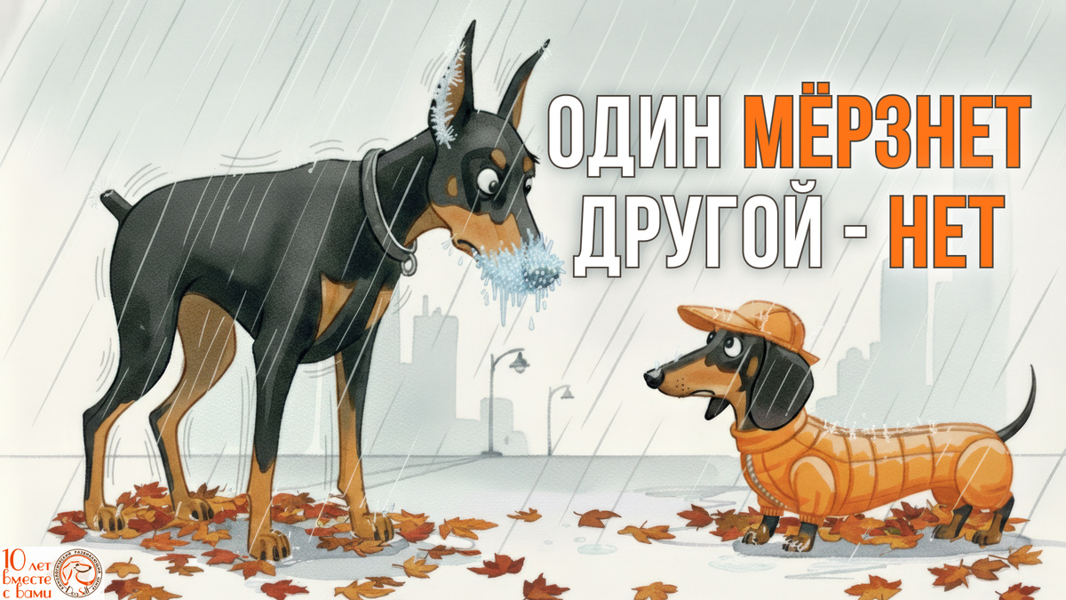 «Один мёрзнет, другой нет» – доберман без одежды дрожит от холода, а такса в комбинезоне чувствует себя комфортно. Почему гладкошёрстные породы собак – доберманы, стаффы, боксёры, таксы – мёрзнут в холод и нуждаются в одежде даже при небольшом минусе. | Изображение: DogSelf