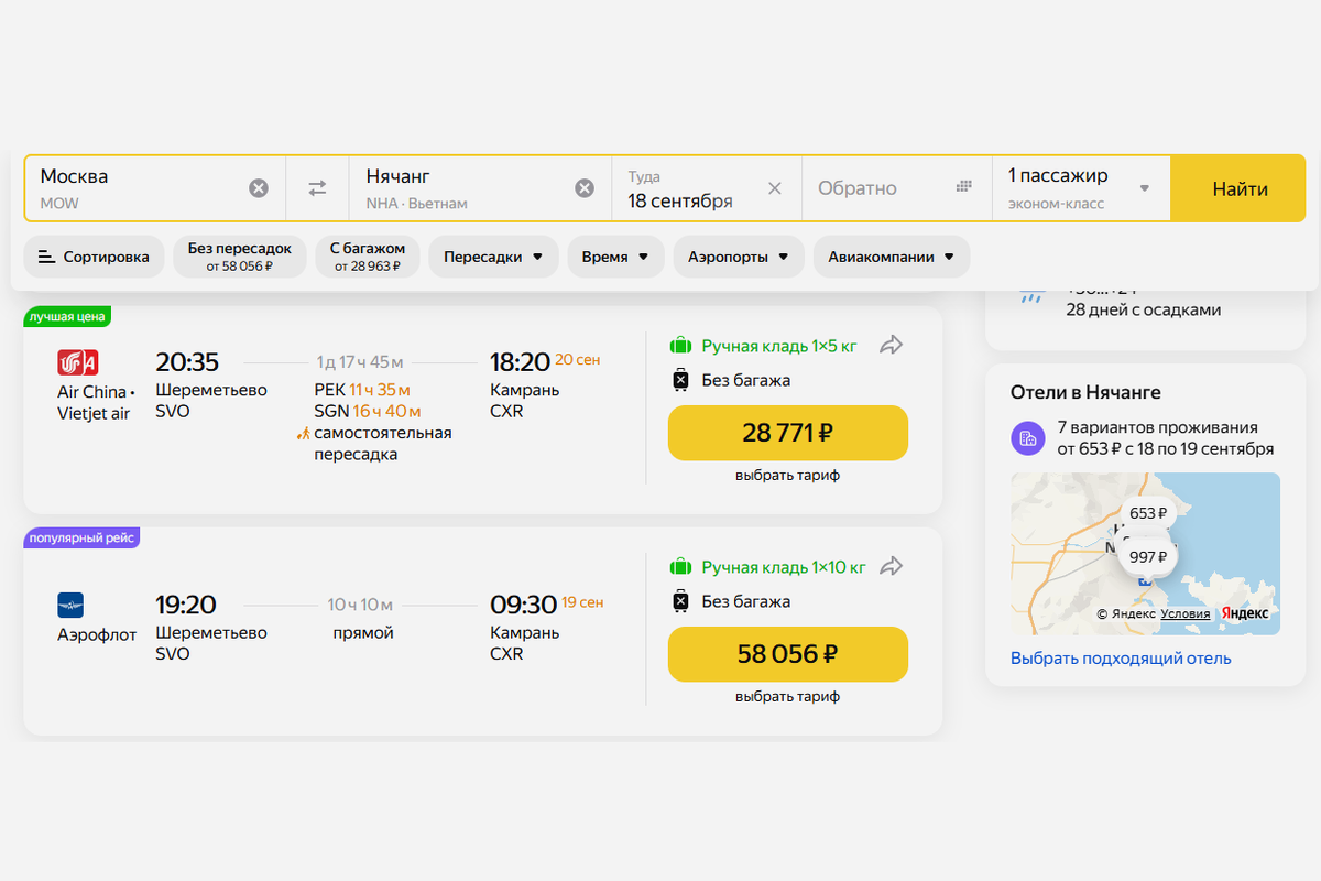 На практике самые доступные билеты в Нячанг в сентябре стартуют от 29 тысяч рублей. Как правило, это рейсы с несколькими пересадками и провозом только ручной клади. Прямой обойдётся почти в два раза дороже. Скриншот: Яндекс Путешествия