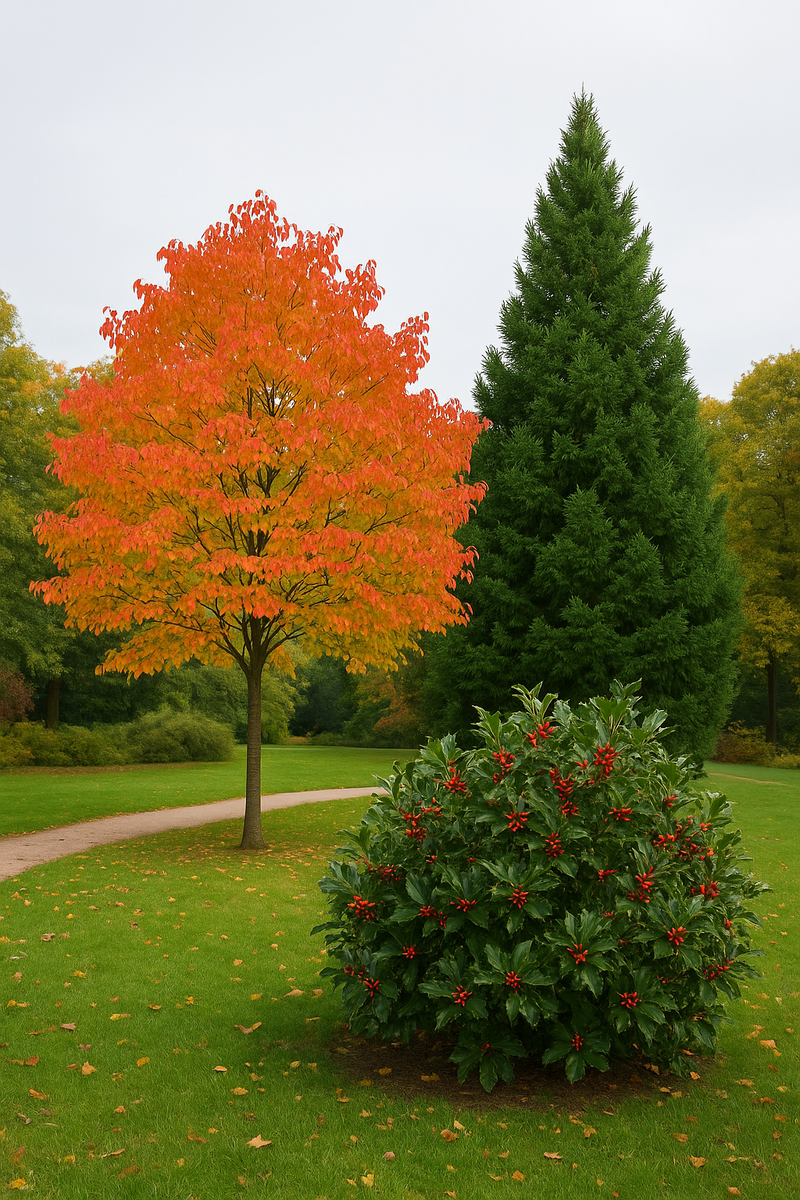 слева - багряник, на переднем плане - падуб (остролист), на заднем - криптомерия