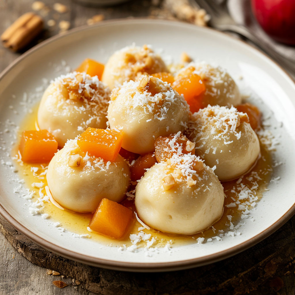 Вареники с айвой и кокосовыми сливками. Вместо сливок можно использовать стружку кокоса