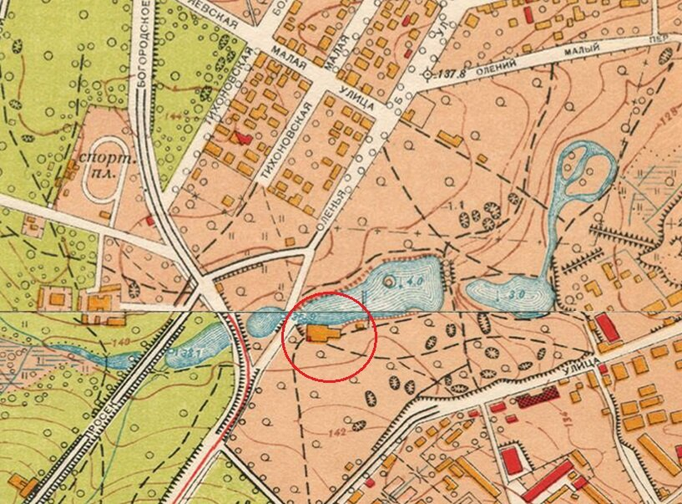 1951 год. Фрагмент плана Мосгоргеотреста. Красным кругом обведено место расположения ресторана-однодневного дома отдыха. 