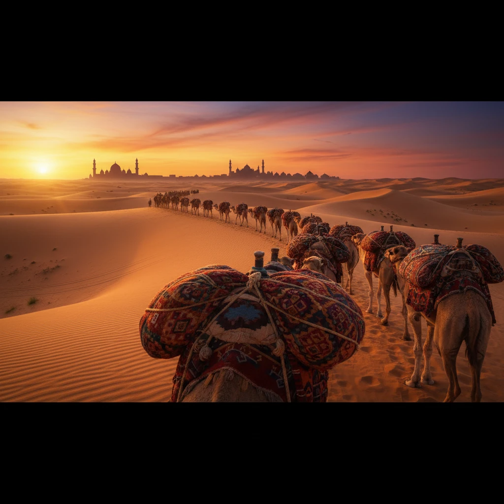 «Живые кабеля» Шелкового пути. Караваны верблюдов были физическими носителями информации, соединяя континенты в единую сеть обмена. Каждый тюк — это «пакет данных», несущий с собой не только товар, но и частичку далекой культуры.