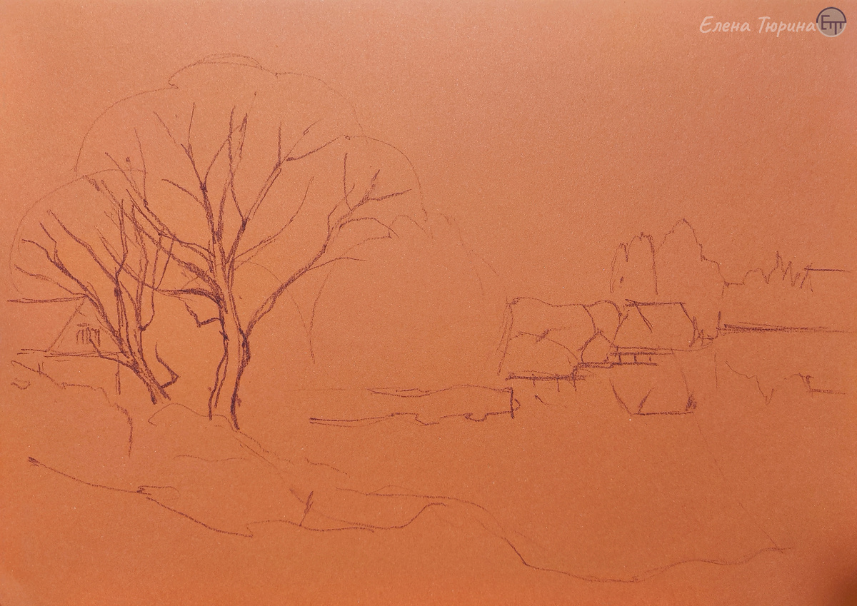 Художник Елена Тюрина. Этап I. Рисунок. "Закат на пруду" Осенний пейзаж. Бумага. Сухая пастель. 2025 г. Размер: 29 х 42 см.